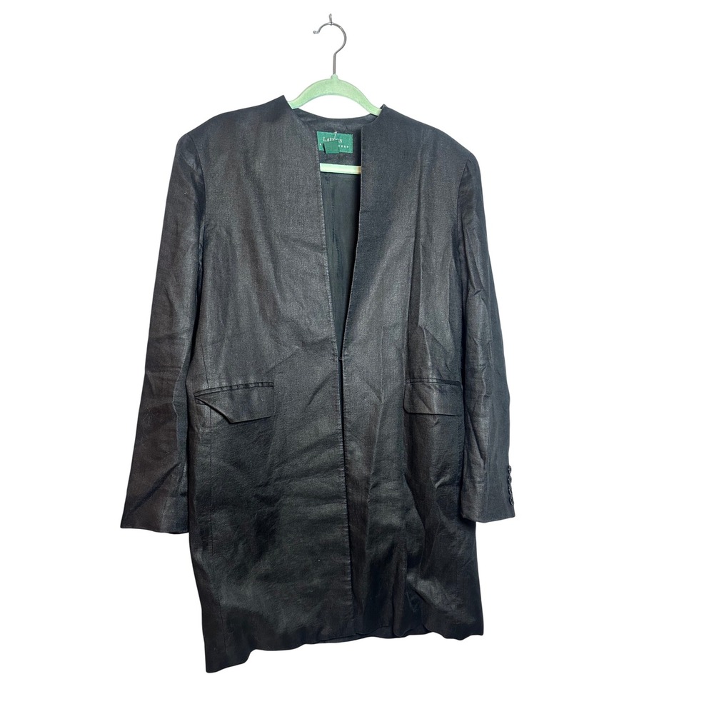 Lauren Ralph Lauren Black 100% Linen Collarless Longline Blazer Jacket Size 14